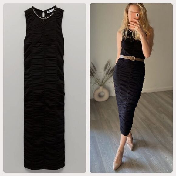ZARA CHAIN TRIM DRAPED DRESS - Picture 1 of 5